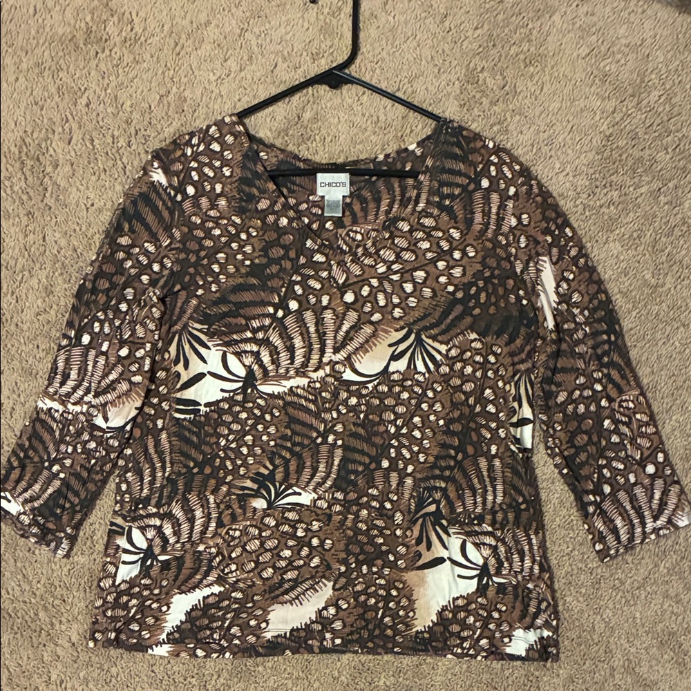 Chico's Brown and Cream Patterned 3/4 Sleeve Blouse